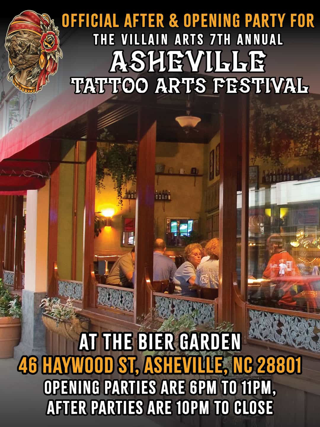 OFFICIAL AFTER & OPENING PARTY FO THE VILLAIN ARTS 7TH ANNUAL ASHEVILLE TATTOO ARTS FESTIVAL AT THE BIER GARDEN OPENING PARTIES ARE 6PM-11PM, AFTER PARTIES ARE 10PM TO CLOSE