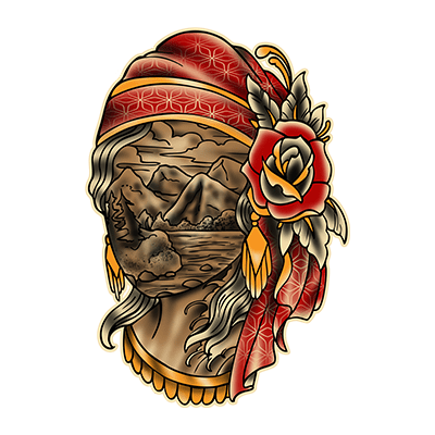 Villain Arts Asheville logo of a classic tattoo-style woman in a red headscarf, her face replaced by a mountain lake landscape with a red rose.