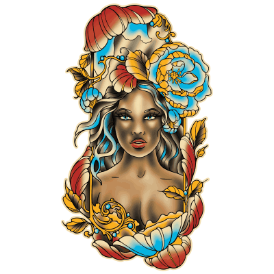 Villain Arts 2027 Atlanta logo showing a woman clad in multi-colored flower arrangements