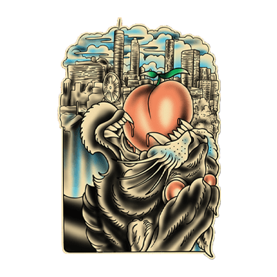 Villain Arts Atlanta logo featuring a snarling tiger gripping a giant peach in its jaws, with Atlanta’s skyline and Ferris wheel in the background.