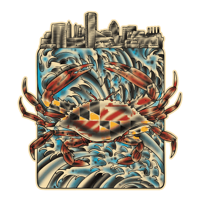 Villain Arts 2027 Baltimore logo showing a crab decorated with the Maryland flag, in front of a stylized view of the harbor and city skyline.