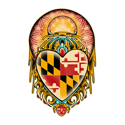 Villain Arts Baltimore logo showing a heart filled with the Maryland flag, framed by golden ornamental designs and a radiant sunburst above.