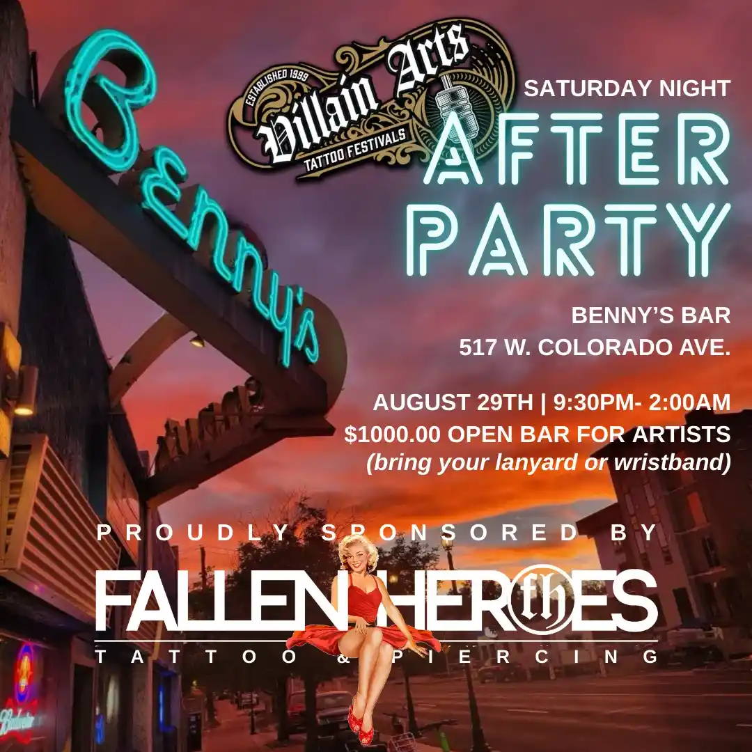 Saturday Night After Party Benny's Bar 517 W. Colorado Ave AUGUST 29TH 1 9:30PM- 2:00AM- $1000.OO OPEN BAR FOR ARTISTS (bring your lanyard o wristband)