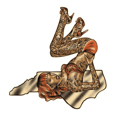Villain Arts 2027 Charlottes logo showing dancer posing on a platform in the shape of NC