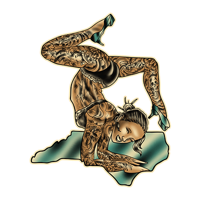 Villain Arts Charlotte logo of a heavily tattooed contortionist balancing on her hands over the shape of North Carolina, shaded in teal.