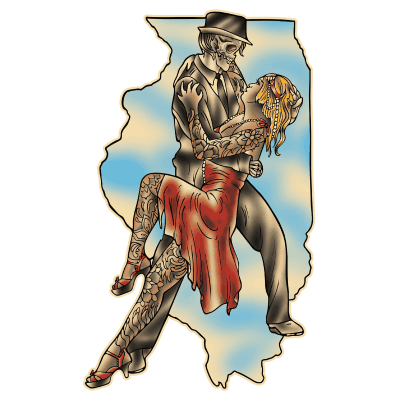 Villain Arts 2027 Chicago logo with a masked man dancing with a woman in a red dress set in front of a blue backdrop frame shaped like Illinois.