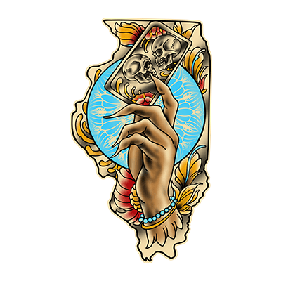 Villain Arts Chicago logo with a tattooed hand holding a card of two kissing skulls, set over a blue circle and floral frame shaped like Illinois.