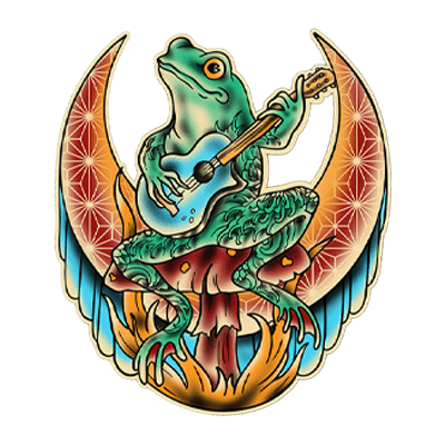 Villain Arts Cincinnati logo of a guitar-playing frog sitting on a red mushroom, framed by stylized crescent wings and flames.