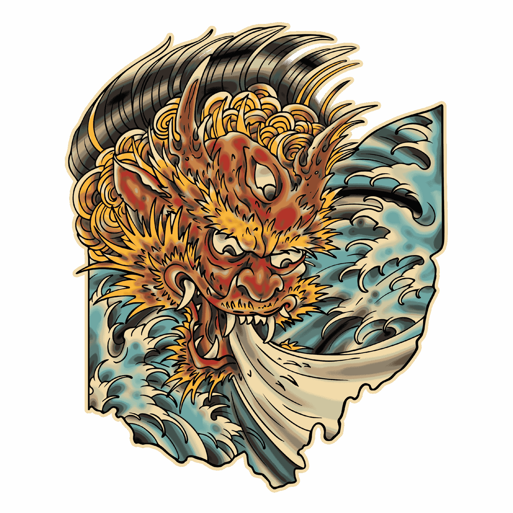 Japanese-inspired tattoo design featuring a fierce horned oni mask with flowing black hair, golden curls, and tusks emerging from stylized blue ocean waves. The design uses bold black outlines with warm red, orange, gold, and teal tones in a traditional Japanese tattoo aesthetic