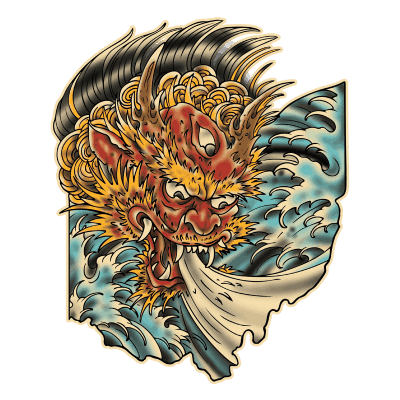 Villain Arts 2027 Cleveland logo showing a chinese style dragon breathing blue flames