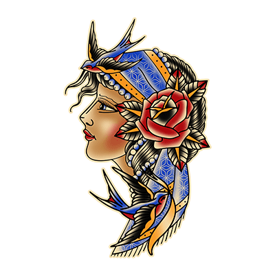 Villain Arts Cleveland logo featuring a traditional tattoo-style woman in profile with a blue headscarf, red rose, and two swooping swallows.
