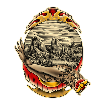 Villain Arts Colorado logo showing an eagle’s wing wrapped around an oval landscape of dramatic rock spires under a cloudy sky.