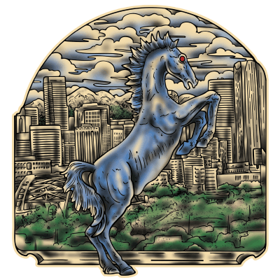 Tattoo design featuring a rearing blue horse with glowing red eyes in front of a modern city skyline, framed by clouds and mountains in a bold black-and-gray illustrative style with subtle blue accents.