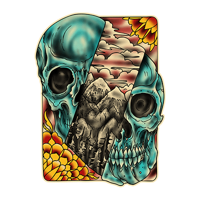 Villain Arts Denver logo with two turquoise skulls split apart to reveal a grayscale mountain and forest landscape, framed by bold flowers.