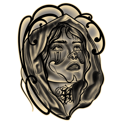 Black-and-gray tattoo design of a hooded woman with flowing ornamental details, dramatic eyes, fine-line facial shading, and decorative script on her neck in a realistic illustrative style.