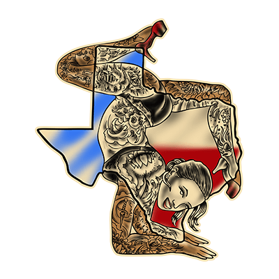 Villain Arts Houston logo of a tattooed contortionist posed inside the outline of Texas, colored like the Texas flag in red, white, and blue.