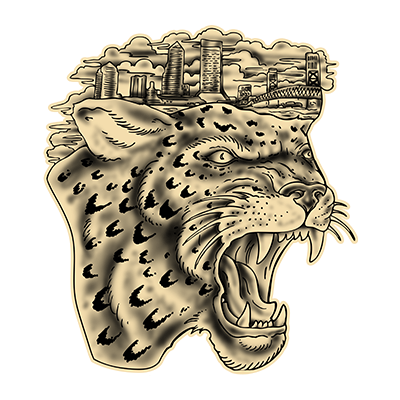 Villain Arts Jacksonville logo of a roaring jaguar head, its spotted fur blending into the downtown skyline and bridge.