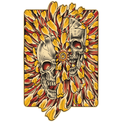 Villain Arts 2027 Kansas City logo showing a fractured skull frame in a flower sunburst pattern
