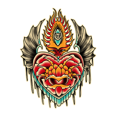 Villain Arts Kansas City logo featuring a flaming sacred heart with an all-seeing eye and dark wings dripping downward.