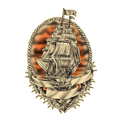 Villain Arts Long Beach logo showing a detailed tall ship sailing on waves inside an ornate oval frame with banners.
