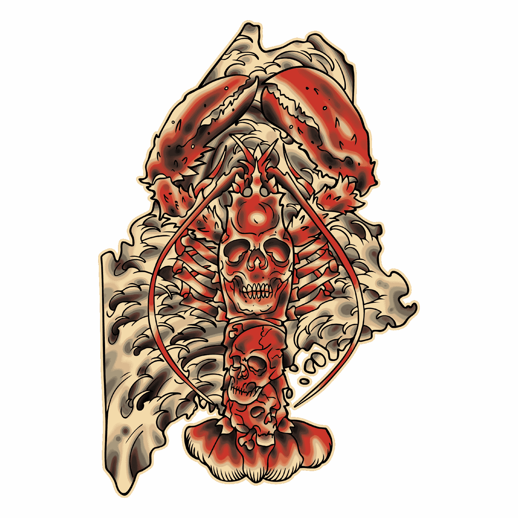 Stylized tattoo artwork featuring a surreal horror composition in bold red, black, and muted gray tones. Two large red lobster claws frame the top of the design above a glowing, skull-like face with an illuminated third eye, surrounded by skeletal ribs and organic, shell-like forms. Long curved lobster antennae sweep downward, encircling a vertical stack of smaller skulls that extends to a red-and-white mushroom cap at the base. Flowing gray textures create a wave-like backdrop, giving the piece a dramatic, symmetrical composition with a New England coastal horror aesthetic.