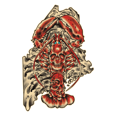 Villain Arts Maine logo in the shape of the state, with waves crashing on rough seas into a bright red lobster.