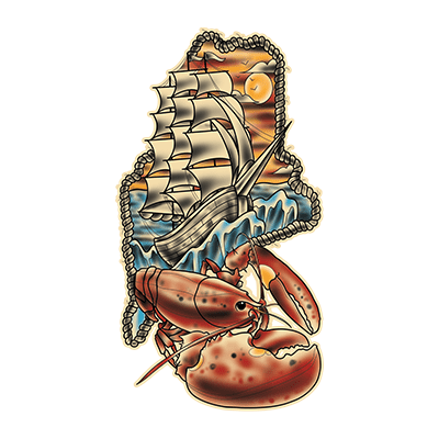 Villain Arts Maine logo in the shape of the state, with a sailing ship on rough seas above a bright red lobster.