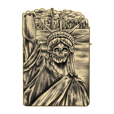 Villain Arts Meadowlands logo of the Statue of Liberty with a skull face, holding the torch before the New York City skyline.