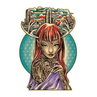 Villain Arts Milwaukee logo of a red-haired, antlered woman with tattoos, posed before a teal circle and city skyline.