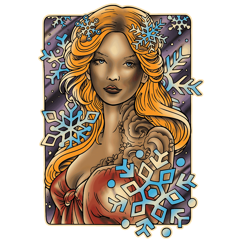 Illustrated tattoo design of a woman with long flowing orange hair, framed by large blue and white snowflakes. She wears a red off-the-shoulder dress with cream fur trim, while ornate floral and swirling patterns extend across one shoulder and chest. The portrait is set against a purple, starry background within a decorative rectangular frame