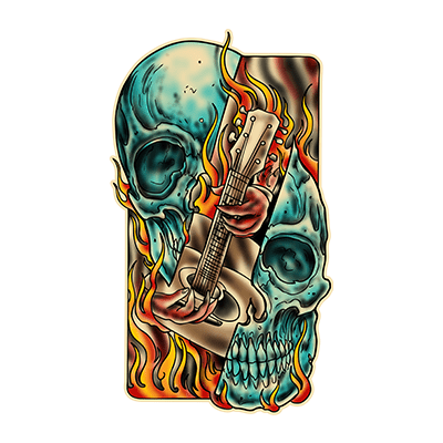 Villain Arts Nashville logo showing flaming turquoise skulls framing a hand playing an acoustic guitar.