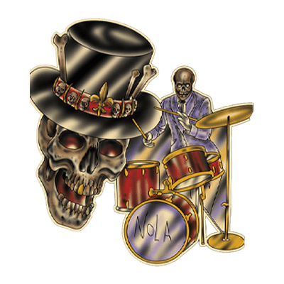 Villain Arts New Orleans logo with a grinning skull in a top hat decorated with bones, alongside a skeleton drummer and red drum kit labeled ‘NOLA.’