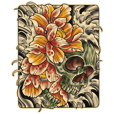 Tattoo design featuring a large orange flowers intertwined with a green skull, surrounded by flowing ornamental background elements in a vibrant neo-traditional color palette.