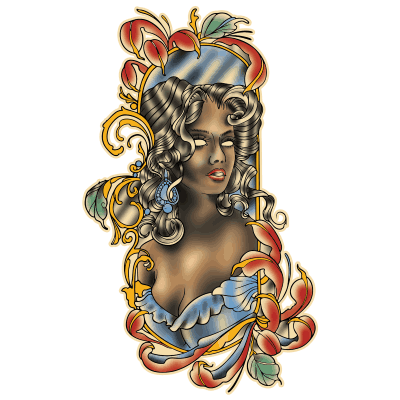 Villain Arts 2027 Omaha logo featinging a victorian clad woman surrounded by flower petals in a blue dress