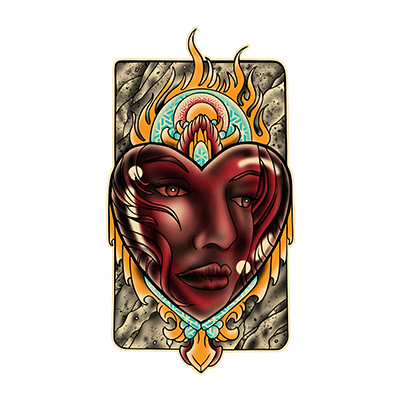 Villain Arts Omaha logo of a deep red heart with a woman’s face inside, framed by flames, stone texture, and ornate gold details.