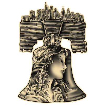 Villain Arts 29th annual 2027 Philadelphia custom tattoo design featuring a skyline atop the Liberty Bell enclosing a statuesque face