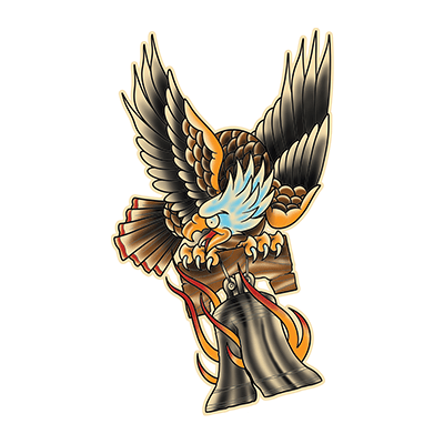 Villain Arts Philadelphia logo featuring a fierce eagle gripping the Liberty Bell, with tattered boxing-style wraps and flames below.