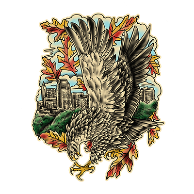 Villain Arts Raleigh logo of a swooping eagle diving with talons out, framed by autumn leaves and a city skyline in the background.