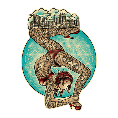 Villain Arts San Antonio logo showing a tattooed contortionist in red heels bent into an S-shape, with the city skyline across her back and a teal circle behind.
