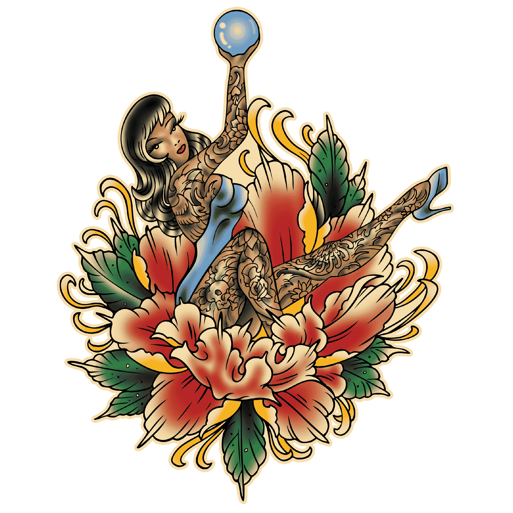 A vibrant neo-traditional tattoo design of a tattooed woman reclining among large blooming peonies and green leaves. She raises one arm overhead, holding a glowing blue orb, while one leg extends outward. Her body features intricate black-and-gray tattoo patterns with hints of blue shading on one arm and leg. The flowers are rendered in warm red, cream, and gold tones with bold outlines, creating a balanced, ornamental composition against a transparent background.