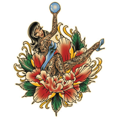 Villain Arts San Diego logo (custom tattoo design) featuring burlesque dancer cradling a crystal ball in a lotus flower