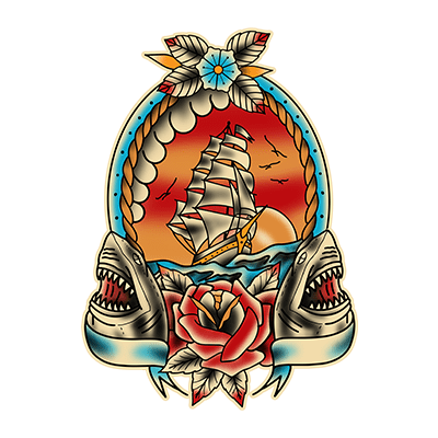 Villain Arts San Diego logo of a tall ship sailing at sunset, framed by a rope, a red rose, and two snarling shark heads.