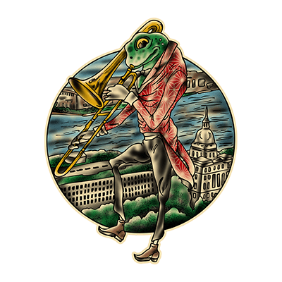Villain Arts Savannah logo depicting a frog-headed musician in a red coat playing trombone above a riverside cityscape