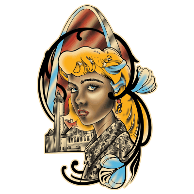 Villain Arts 2027 St. Louis logo blonde woman with music symbol earrings standing in front of the arch