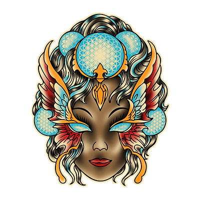 Villain Arts St. Louis logo of a stylized woman’s face with turquoise geometric orbs, colorful winged headdress, and glowing eyes.
