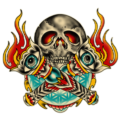 Villain Arts Syracuse logo featuring a skull above crossed flaming eyeball torches, set over a teal patterned circle.