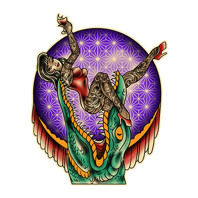 Villain Arts Tampa logo of a tattooed pinup-style woman reclining in the open jaws of a sea serpent, backed by a glowing purple circle.
