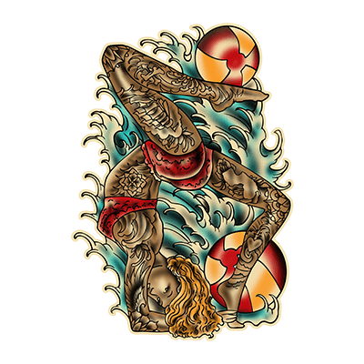 Villain Arts Wildwood logo showing a tattooed contortionist in a red bikini balancing upside down amid crashing waves and colorful beach balls.